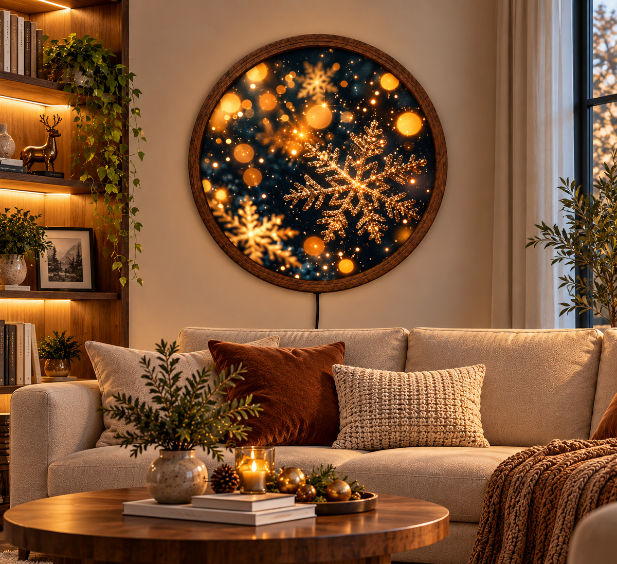 Christmas Snowflake LED Wall Art, Round Lighted Winter Decor, Glowing Holiday Wall Sign, Rustic Christmas Home Decoration
