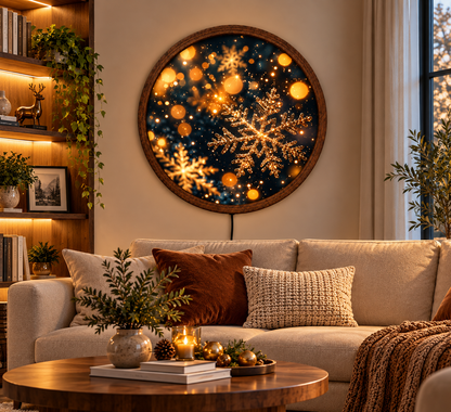 Christmas Snowflake LED Wall Art, Round Lighted Winter Decor, Glowing Holiday Wall Sign, Rustic Christmas Home Decoration