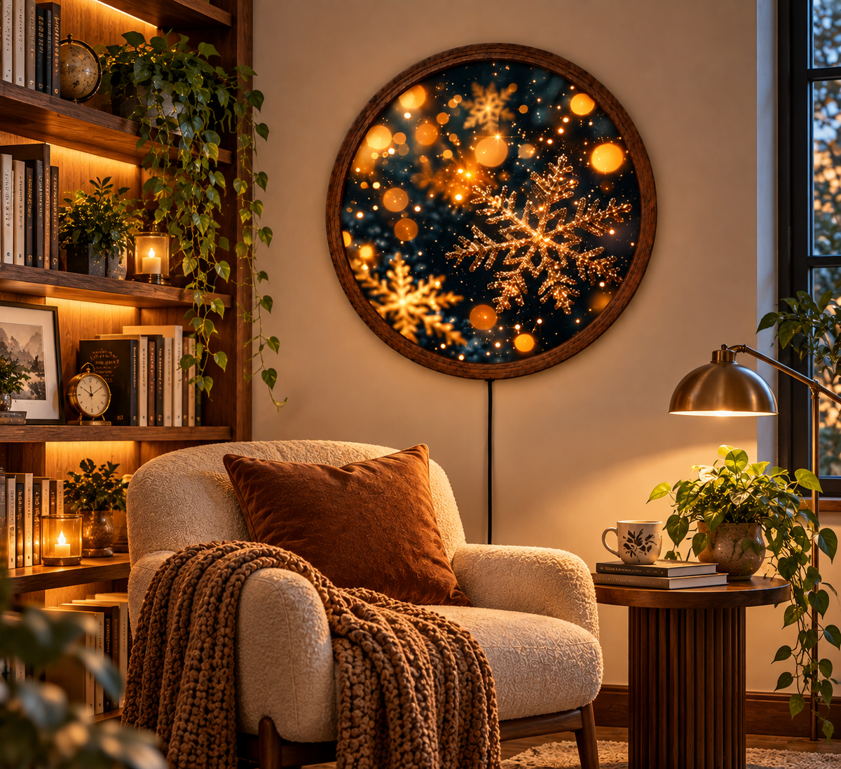 Christmas Snowflake LED Wall Art, Round Lighted Winter Decor, Glowing Holiday Wall Sign, Rustic Christmas Home Decoration
