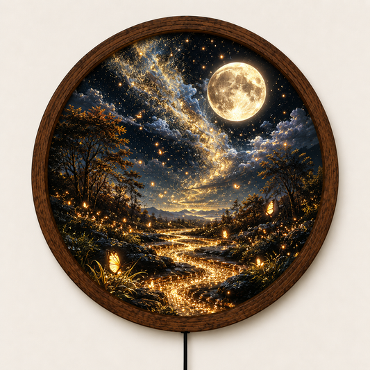 Moonlit Forest LED Wall Art, Glowing Butterfly Night Landscape, Round Celestial Wall Decor, Fantasy Nature Light, Bedroom Decor