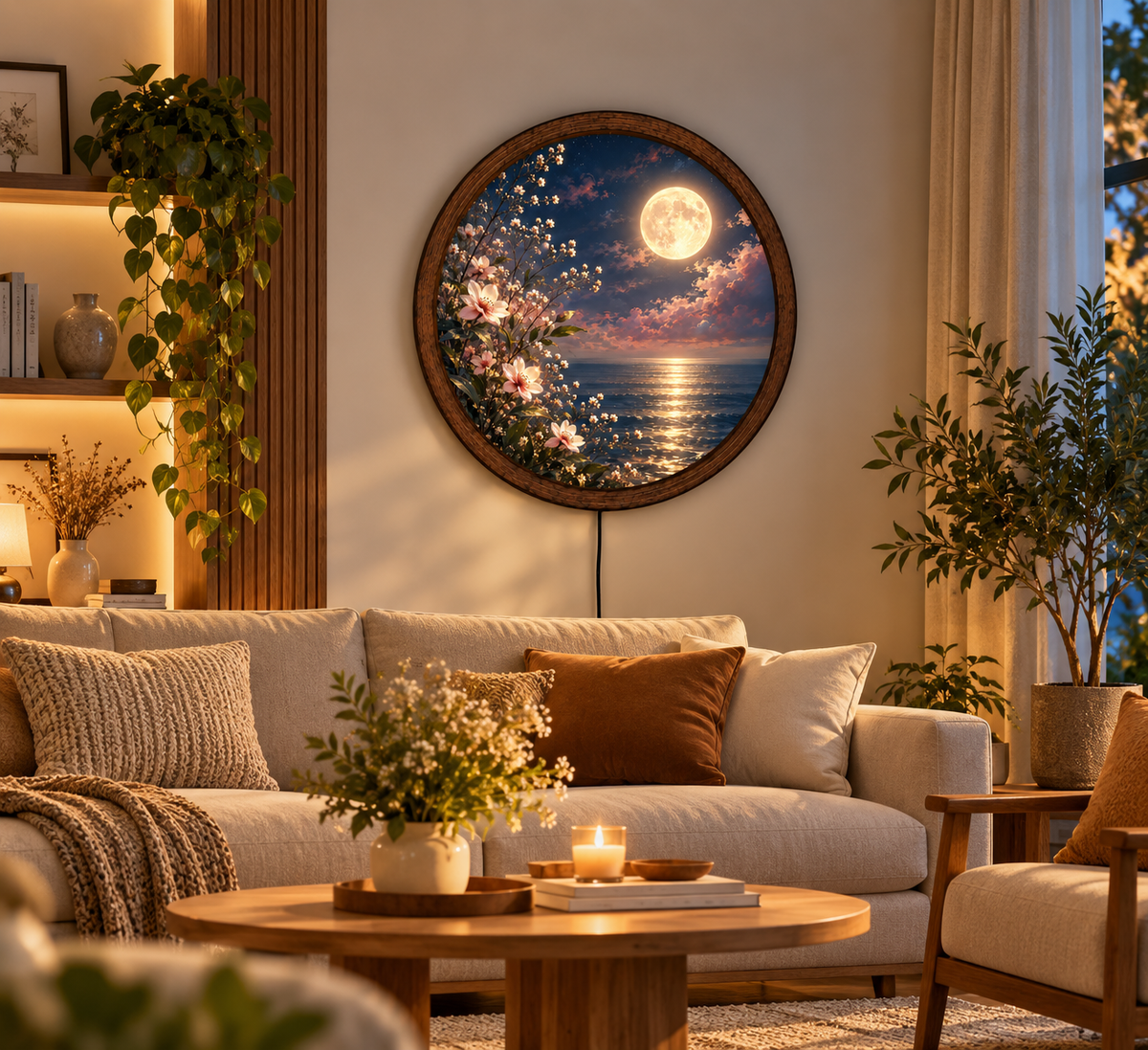 Moonlit Ocean LED Wall Art, Floral Full Moon Light, Round Coastal Wall Decor, Glowing Seascape Art, Romantic Bedroom Decor