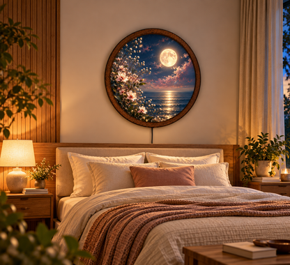 Moonlit Ocean LED Wall Art, Floral Full Moon Light, Round Coastal Wall Decor, Glowing Seascape Art, Romantic Bedroom Decor