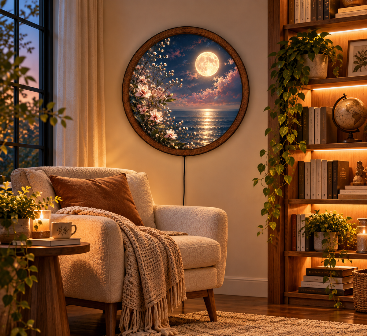 Moonlit Ocean LED Wall Art, Floral Full Moon Light, Round Coastal Wall Decor, Glowing Seascape Art, Romantic Bedroom Decor