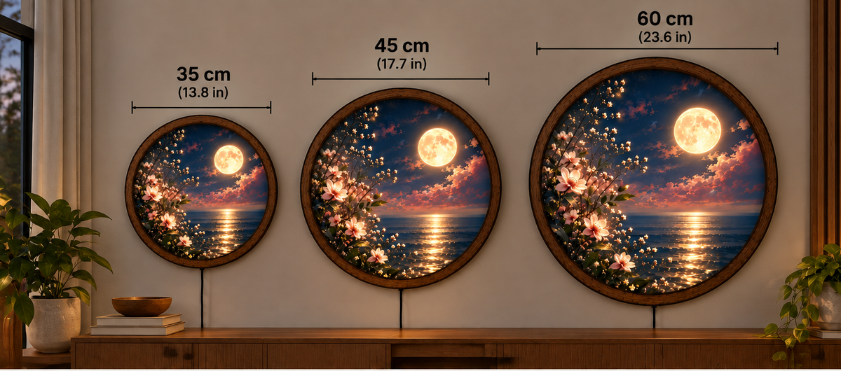 Moonlit Ocean LED Wall Art, Floral Full Moon Light, Round Coastal Wall Decor, Glowing Seascape Art, Romantic Bedroom Decor