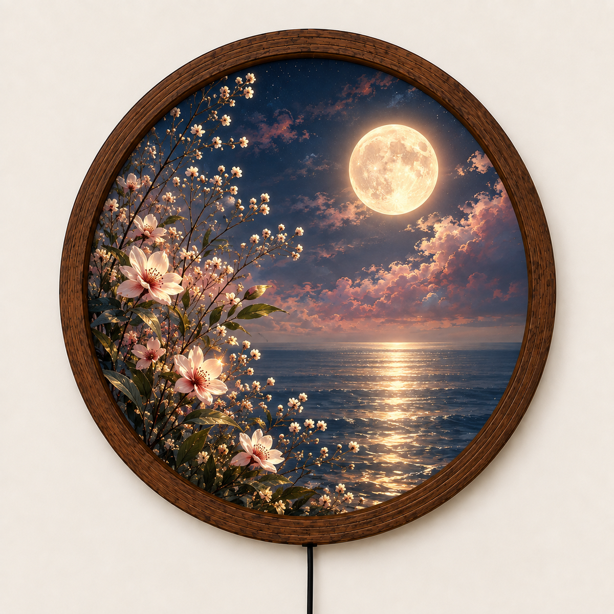 Moonlit Ocean LED Wall Art, Floral Full Moon Light, Round Coastal Wall Decor, Glowing Seascape Art, Romantic Bedroom Decor