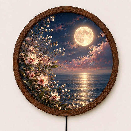 Moonlit Ocean LED Wall Art, Floral Full Moon Light, Round Coastal Wall Decor, Glowing Seascape Art, Romantic Bedroom Decor