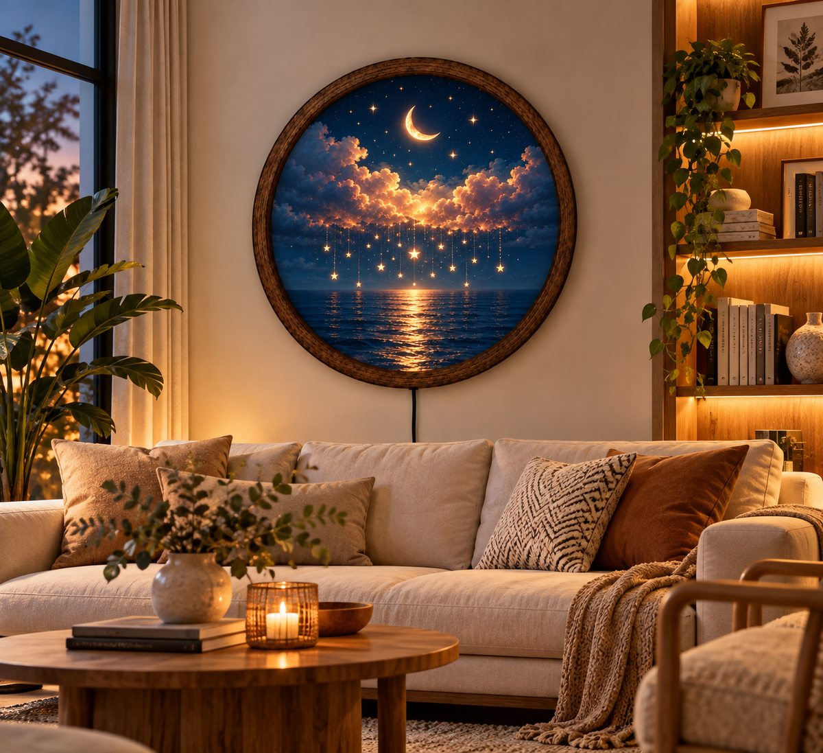 Moonlit Ocean LED Wall Art, Floral Full Moon Light, Round Coastal Wall Decor, Glowing Seascape Art, Romantic Bedroom Decor (Copy)