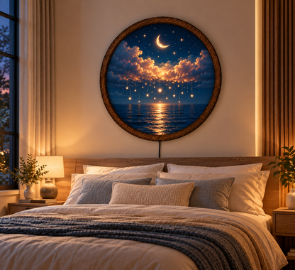 Moonlit Ocean LED Wall Art, Floral Full Moon Light, Round Coastal Wall Decor, Glowing Seascape Art, Romantic Bedroom Decor (Copy)