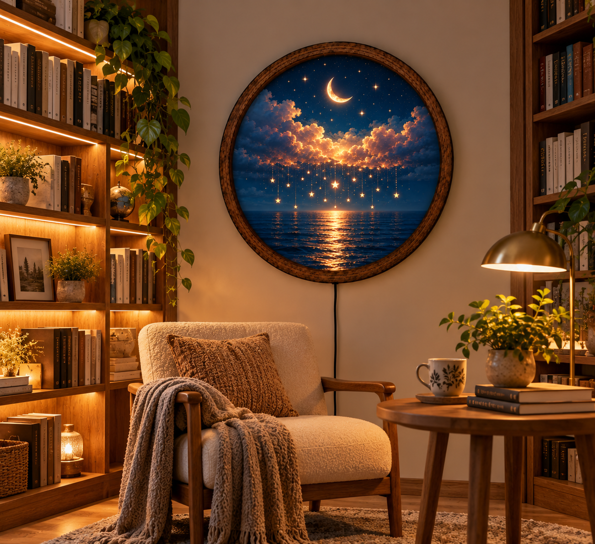 Moonlit Ocean LED Wall Art, Floral Full Moon Light, Round Coastal Wall Decor, Glowing Seascape Art, Romantic Bedroom Decor (Copy)