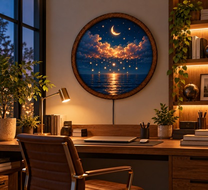 Moonlit Ocean LED Wall Art, Floral Full Moon Light, Round Coastal Wall Decor, Glowing Seascape Art, Romantic Bedroom Decor (Copy)