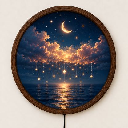 Moonlit Ocean LED Wall Art, Floral Full Moon Light, Round Coastal Wall Decor, Glowing Seascape Art, Romantic Bedroom Decor (Copy)