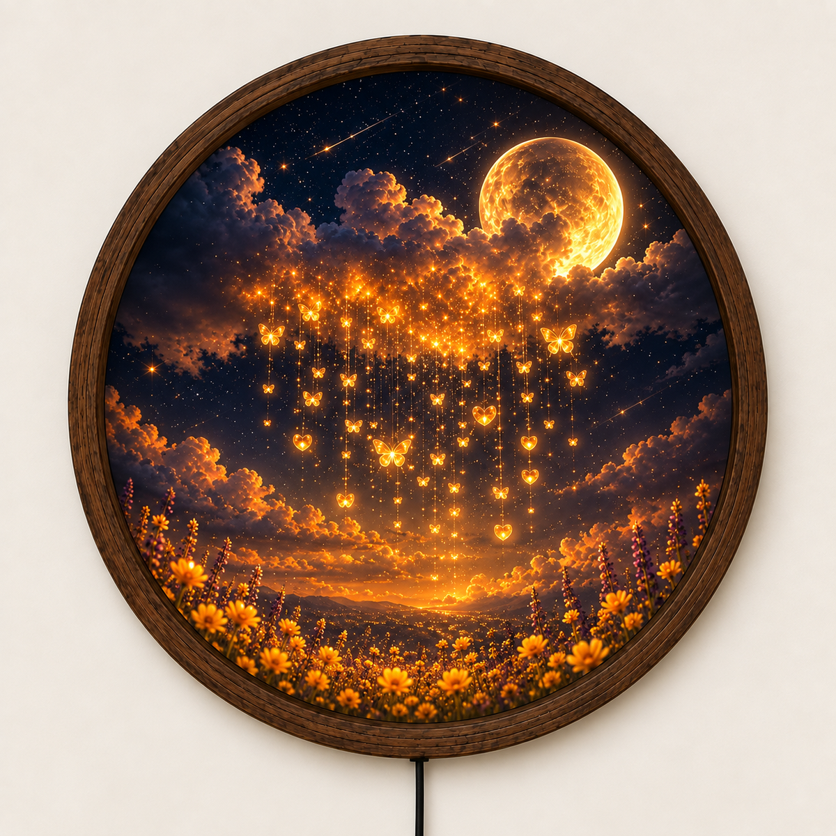 Glowing Moon Butterfly LED Wall Art, Enchanted Floral Night Sky Round Light, Celestial Wall Decor, Magical Bedroom Gift