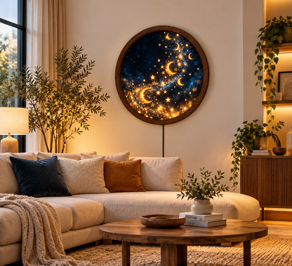 Celestial Moon and Stars Wall Art, Golden Crescent Moon Decor, Magical Night Sky Artwork, Galaxy Celestial Home Decor