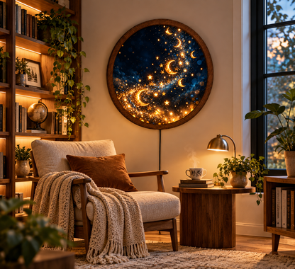 Celestial Moon and Stars Wall Art, Golden Crescent Moon Decor, Magical Night Sky Artwork, Galaxy Celestial Home Decor