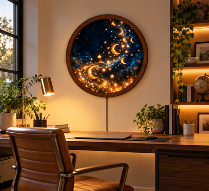 Celestial Moon and Stars Wall Art, Golden Crescent Moon Decor, Magical Night Sky Artwork, Galaxy Celestial Home Decor