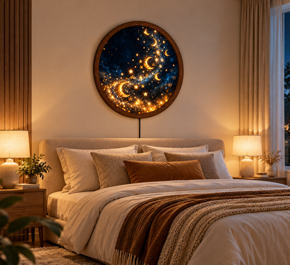 Celestial Moon and Stars Wall Art, Golden Crescent Moon Decor, Magical Night Sky Artwork, Galaxy Celestial Home Decor