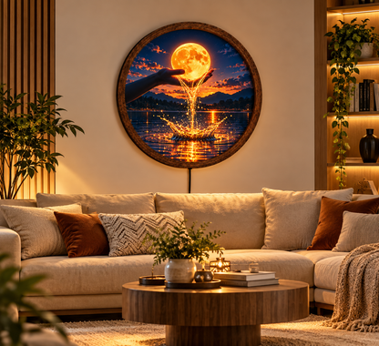 Glowing Moon LED Wall Art, Hand Holding Full Moon Decor, Celestial Night Landscape, Round Lighted Wall Decor, Dreamy Home Gift