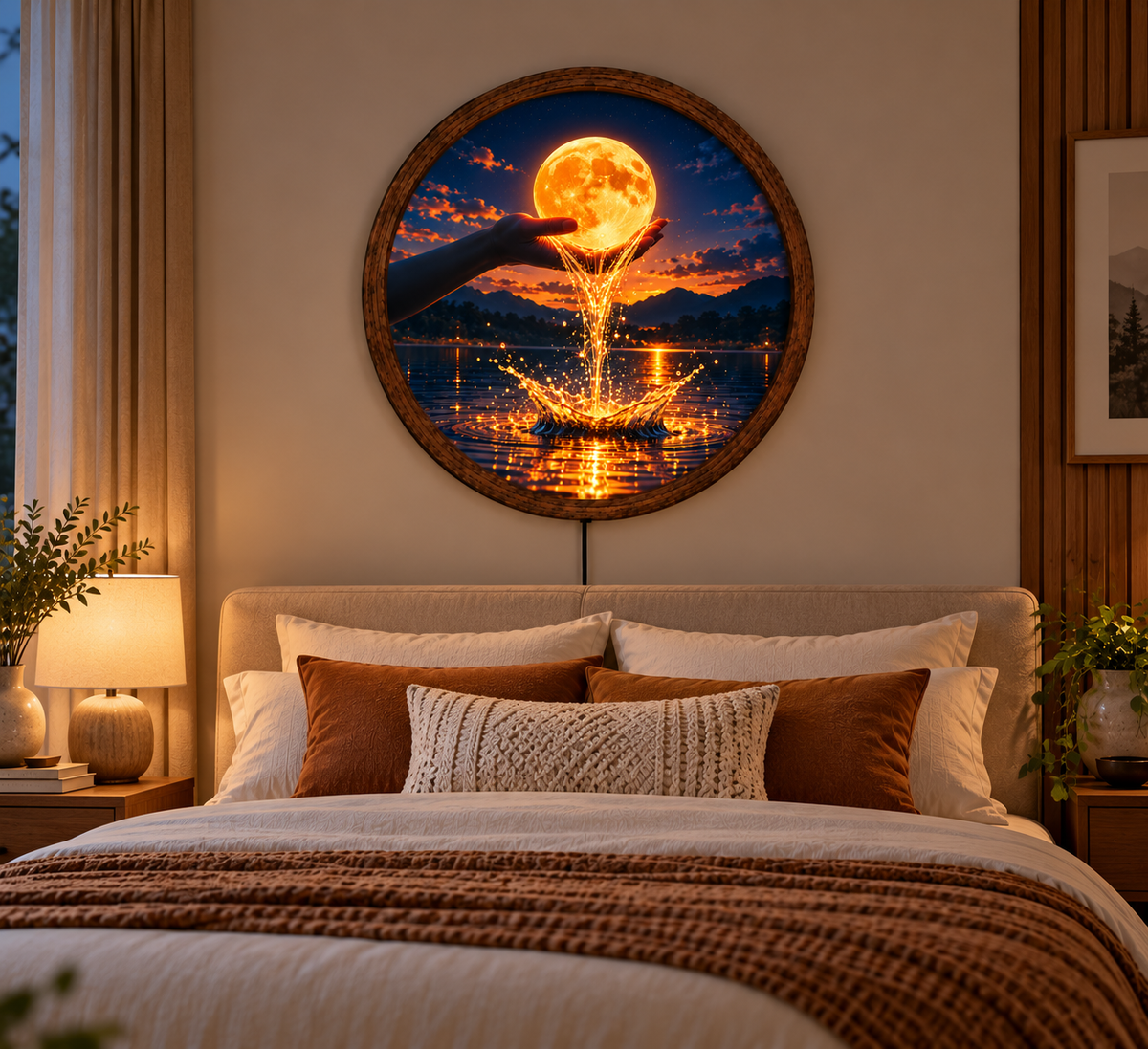Glowing Moon LED Wall Art, Hand Holding Full Moon Decor, Celestial Night Landscape, Round Lighted Wall Decor, Dreamy Home Gift