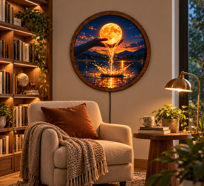 Glowing Moon LED Wall Art, Hand Holding Full Moon Decor, Celestial Night Landscape, Round Lighted Wall Decor, Dreamy Home Gift