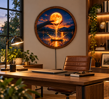 Glowing Moon LED Wall Art, Hand Holding Full Moon Decor, Celestial Night Landscape, Round Lighted Wall Decor, Dreamy Home Gift