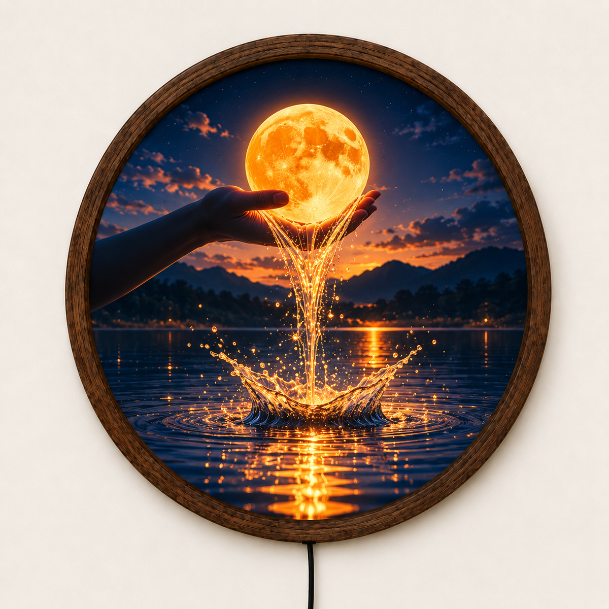 Glowing Moon LED Wall Art, Hand Holding Full Moon Decor, Celestial Night Landscape, Round Lighted Wall Decor, Dreamy Home Gift