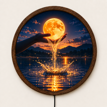Glowing Moon LED Wall Art, Hand Holding Full Moon Decor, Celestial Night Landscape, Round Lighted Wall Decor, Dreamy Home Gift
