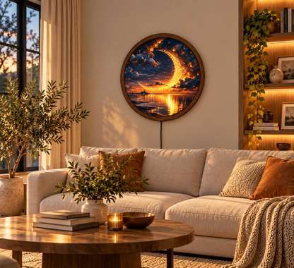 Glowing Crescent Moon LED Wall Art, Celestial Night Sky Decor, Golden Moon Ocean Landscape, Round Lighted Wall Decor, Dreamy Gift