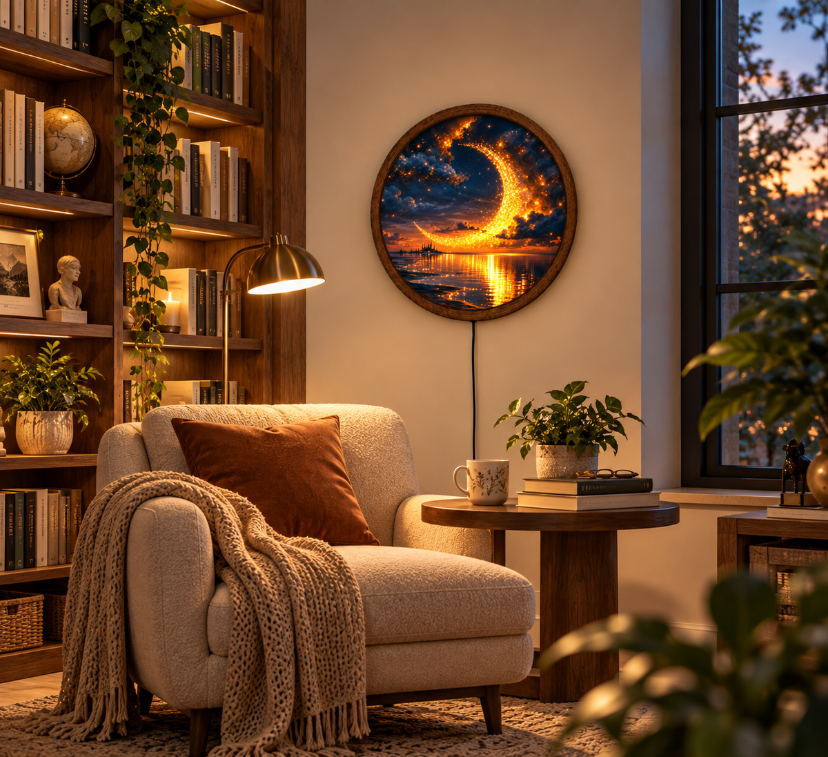Glowing Crescent Moon LED Wall Art, Celestial Night Sky Decor, Golden Moon Ocean Landscape, Round Lighted Wall Decor, Dreamy Gift