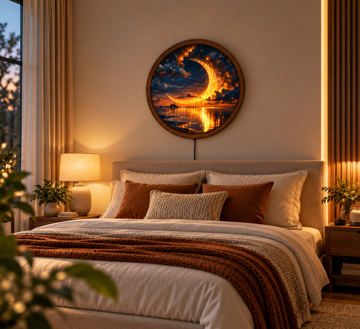 Glowing Crescent Moon LED Wall Art, Celestial Night Sky Decor, Golden Moon Ocean Landscape, Round Lighted Wall Decor, Dreamy Gift