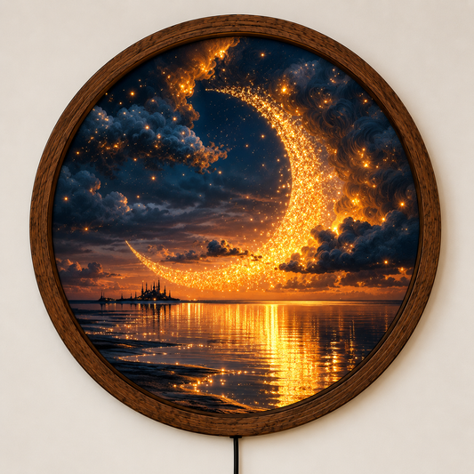 Glowing Crescent Moon LED Wall Art, Celestial Night Sky Decor, Golden Moon Ocean Landscape, Round Lighted Wall Decor, Dreamy Gift
