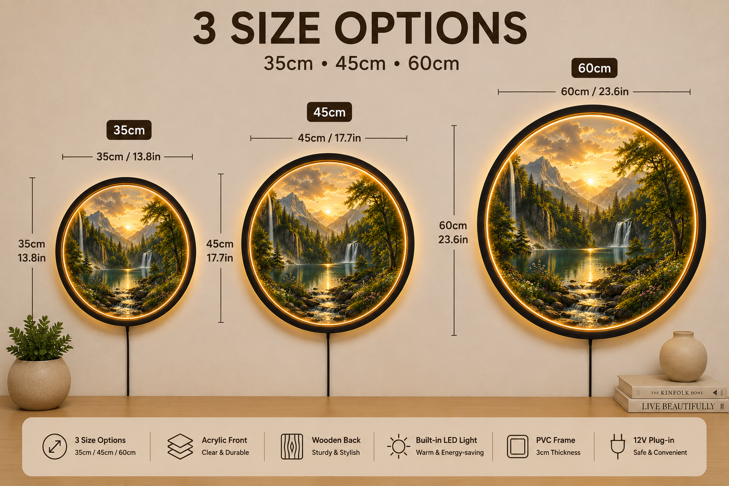 Nature Landscape LED Wall Art, Mountain Lake Light Decor, Round Acrylic Night Lamp