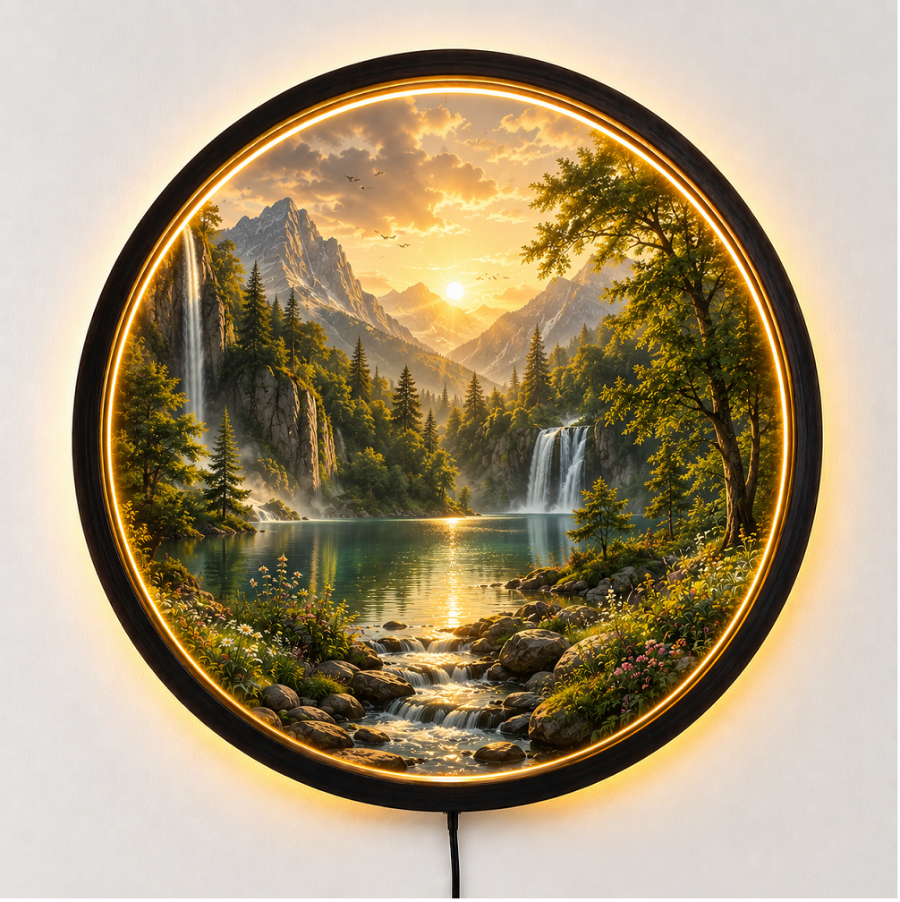 Nature Landscape LED Wall Art, Mountain Lake Light Decor, Round Acrylic Night Lamp