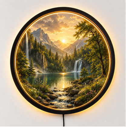 Nature Landscape LED Wall Art, Mountain Lake Light Decor, Round Acrylic Night Lamp