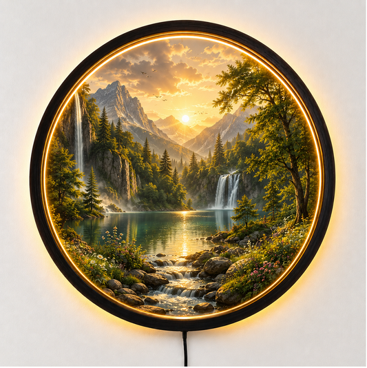 Nature Landscape LED Wall Art, Mountain Lake Light Decor, Round Acrylic Night Lamp