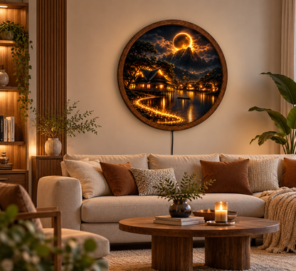 Golden Moon Mountain LED Wall Art, Asian Village Night Landscape, Round Lighted Wall Decor, Lunar Lake Scene, Cozy Home Gift