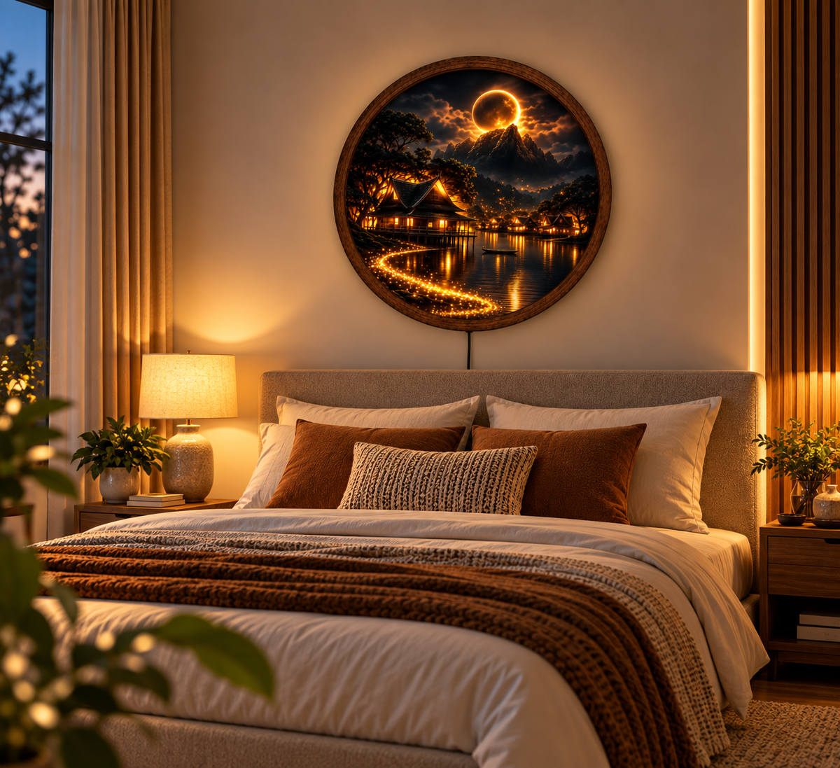Golden Moon Mountain LED Wall Art, Asian Village Night Landscape, Round Lighted Wall Decor, Lunar Lake Scene, Cozy Home Gift