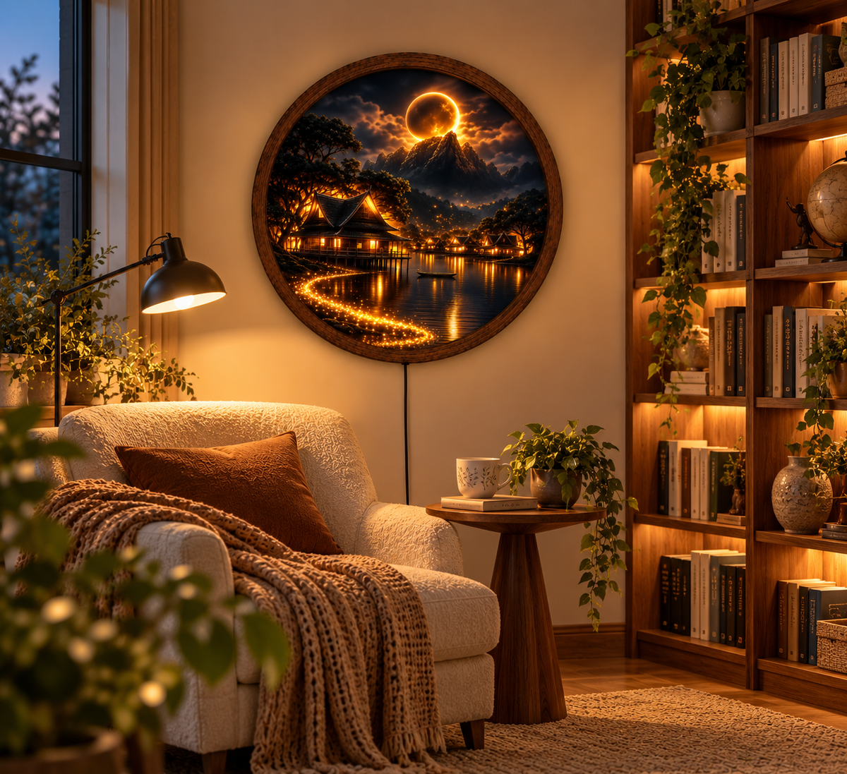Golden Moon Mountain LED Wall Art, Asian Village Night Landscape, Round Lighted Wall Decor, Lunar Lake Scene, Cozy Home Gift