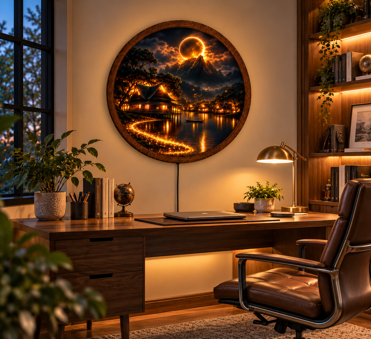 Golden Moon Mountain LED Wall Art, Asian Village Night Landscape, Round Lighted Wall Decor, Lunar Lake Scene, Cozy Home Gift