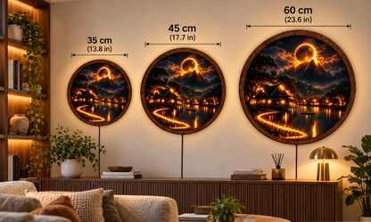 Golden Moon Mountain LED Wall Art, Asian Village Night Landscape, Round Lighted Wall Decor, Lunar Lake Scene, Cozy Home Gift