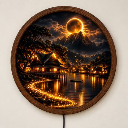 Golden Moon Mountain LED Wall Art, Asian Village Night Landscape, Round Lighted Wall Decor, Lunar Lake Scene, Cozy Home Gift