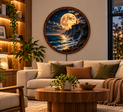 Full Moon Lighthouse LED Wall Art, Coastal Ocean Night Landscape, Round Lighted Wall Decor, Nautical Seaside Home Decor, Moon Lover Gift