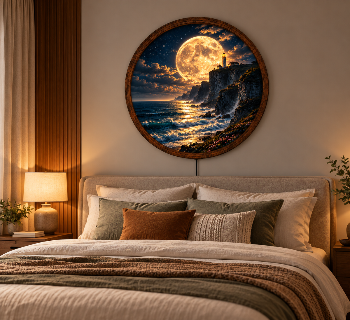 Full Moon Lighthouse LED Wall Art, Coastal Ocean Night Landscape, Round Lighted Wall Decor, Nautical Seaside Home Decor, Moon Lover Gift