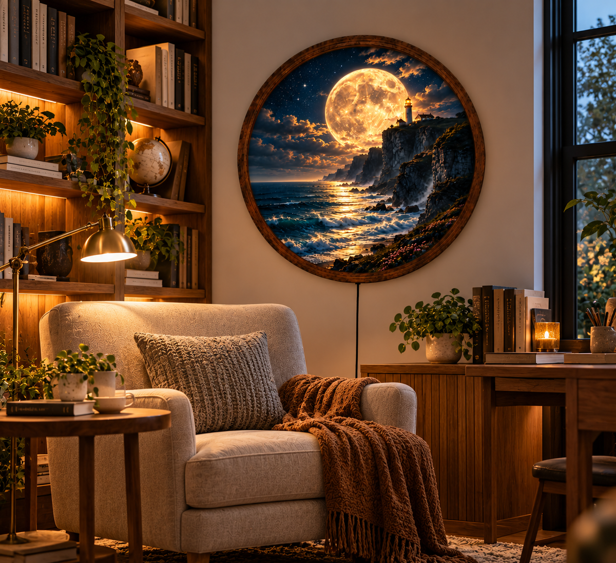 Full Moon Lighthouse LED Wall Art, Coastal Ocean Night Landscape, Round Lighted Wall Decor, Nautical Seaside Home Decor, Moon Lover Gift