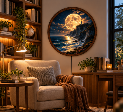 Full Moon Lighthouse LED Wall Art, Coastal Ocean Night Landscape, Round Lighted Wall Decor, Nautical Seaside Home Decor, Moon Lover Gift