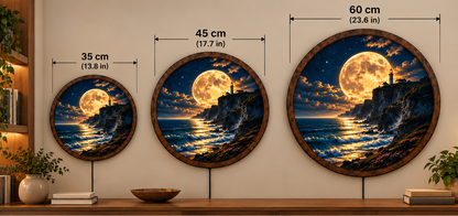 Full Moon Lighthouse LED Wall Art, Coastal Ocean Night Landscape, Round Lighted Wall Decor, Nautical Seaside Home Decor, Moon Lover Gift