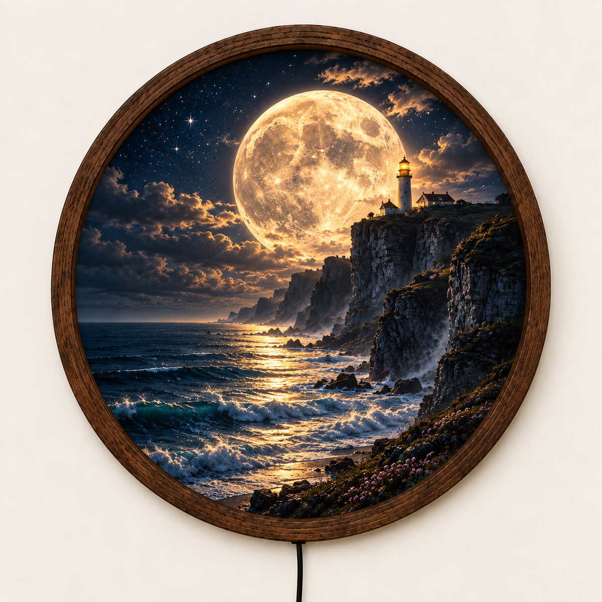 Full Moon Lighthouse LED Wall Art, Coastal Ocean Night Landscape, Round Lighted Wall Decor, Nautical Seaside Home Decor, Moon Lover Gift