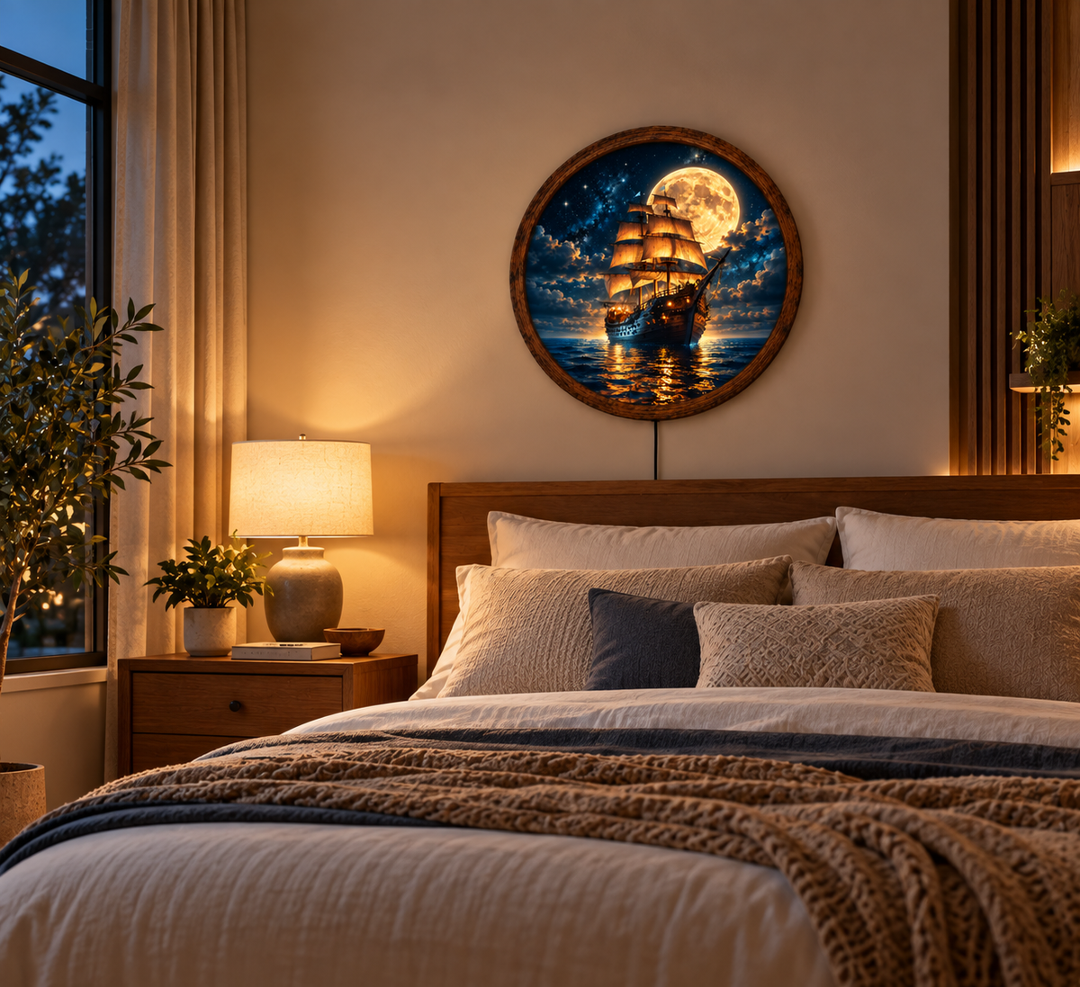 Sailing Ship Moon LED Wall Art, Round Nautical Wall Decor, Full Moon Ocean Light, Vintage Pirate Ship Wall Art, Coastal Home Decor