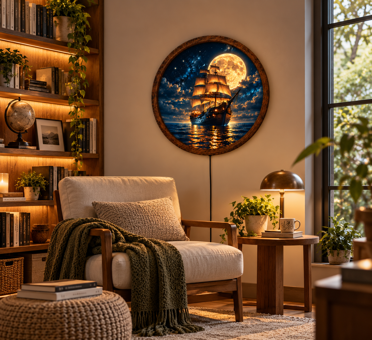 Sailing Ship Moon LED Wall Art, Round Nautical Wall Decor, Full Moon Ocean Light, Vintage Pirate Ship Wall Art, Coastal Home Decor
