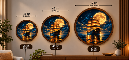 Sailing Ship Moon LED Wall Art, Round Nautical Wall Decor, Full Moon Ocean Light, Vintage Pirate Ship Wall Art, Coastal Home Decor