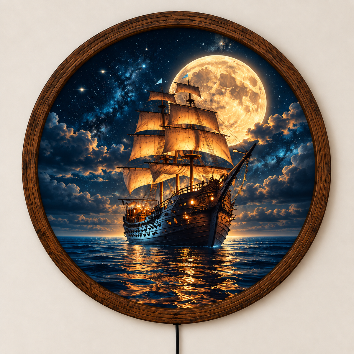 Sailing Ship Moon LED Wall Art, Round Nautical Wall Decor, Full Moon Ocean Light, Vintage Pirate Ship Wall Art, Coastal Home Decor